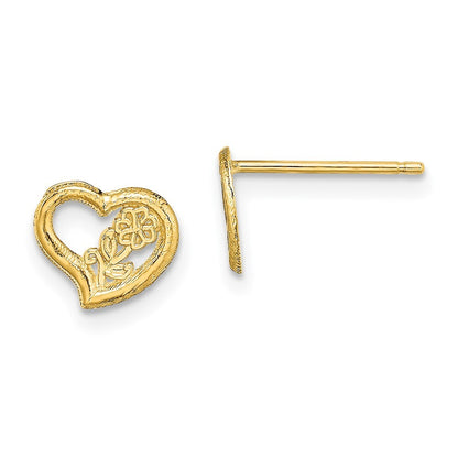 14k Yellow Gold Open Heart Flower Stud Earrings Gift for Women