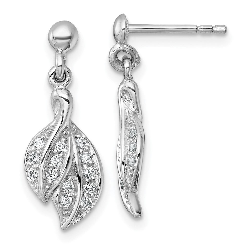 Sterling Silver Rhodium-plated Polished CZ Leaf Dangle Earrings