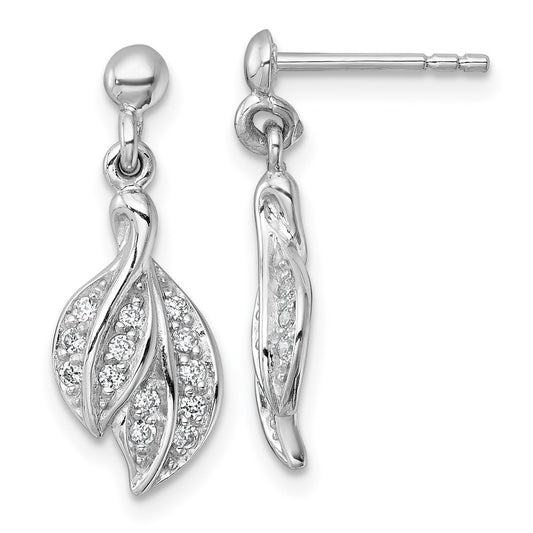 Sterling Silver Rhodium-plated Polished CZ Leaf Dangle Earrings