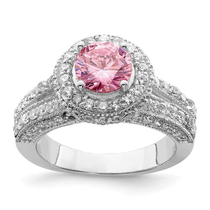 Sterling Silver Rhodium-plated Round Pink and White Cubic Zirconia Ring Size 7