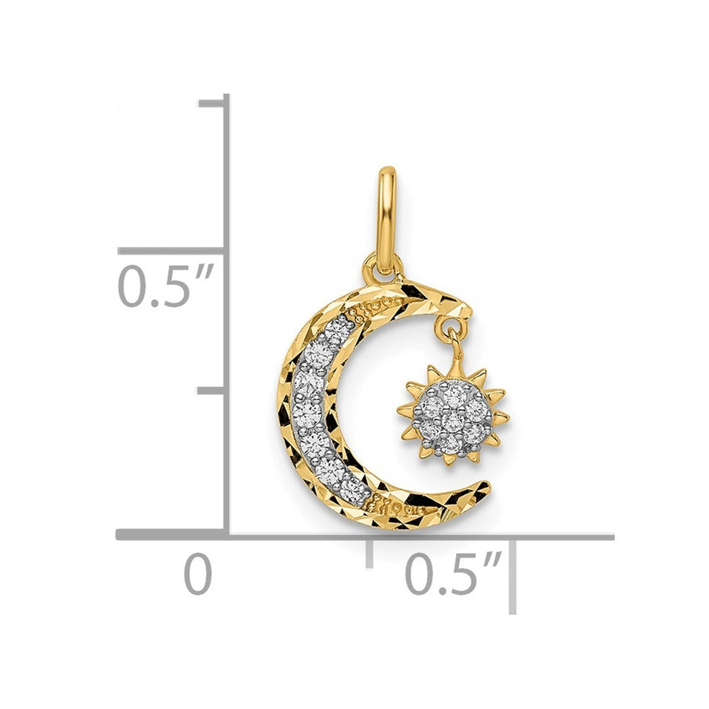 14k Yellow Gold CZ Diamond-cut Moon and Dangle Sun Pendant