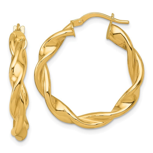 14k Yellow Gold Polished Twisted 4 x 27mm Tube Hoop Earrings