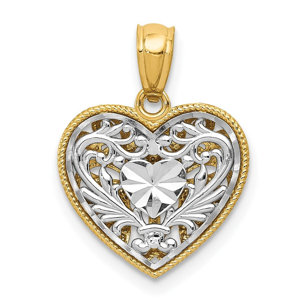 14K Two-tone Gold Polished Diamond-cut Reversible Heart Pendant