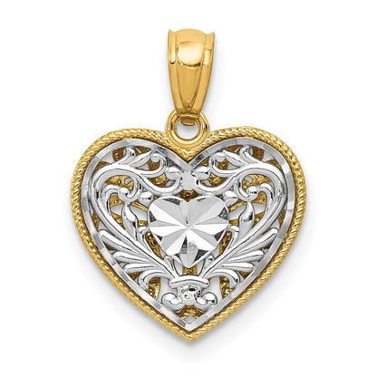 14K Two-tone Gold Polished Diamond-cut Reversible Heart Pendant