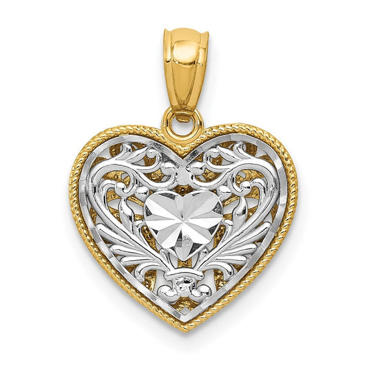 14K Two-tone Gold Polished Diamond-cut Reversible Heart Pendant