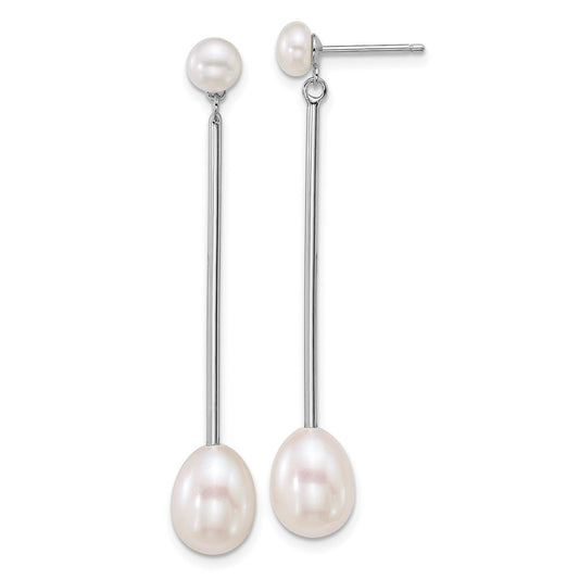 Sterling Silver 5-6mm & 7-8mm Freshwater Cultured Pearl & Bar Dangle Earrings