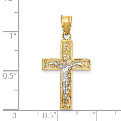14k Two-tone Gold Diamond-Cut Small Block Filigree Crucifix Pendant for Women