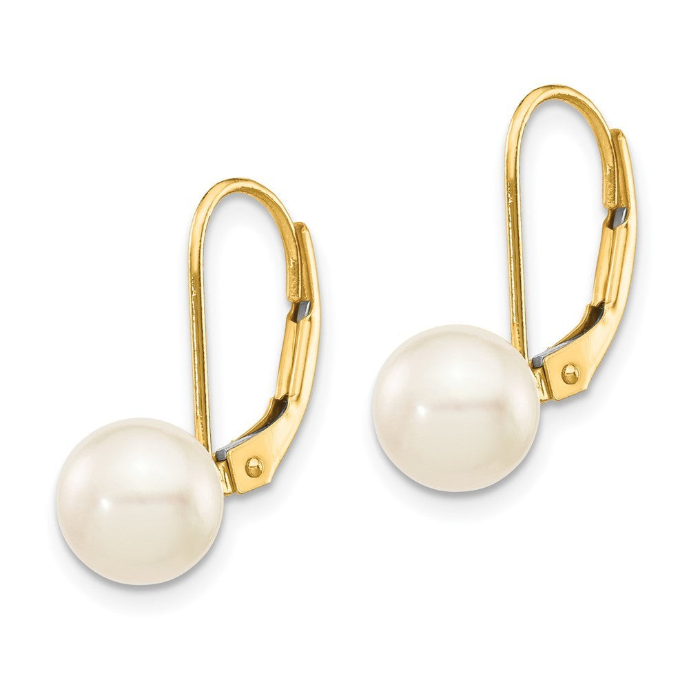 14k Yellow Gold 7mm White Saltwater Akoya Cultured Pearl Dangle Earrings