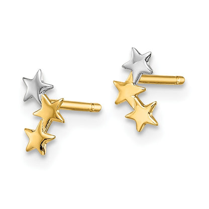 14k Yellow Gold & White Rhodium 3-Star Stud Earrings Gift for Women