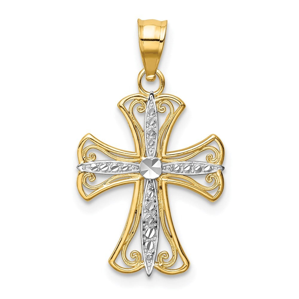 14k Yellow Gold w/Rhodium Diamond-cut Cross Pendant