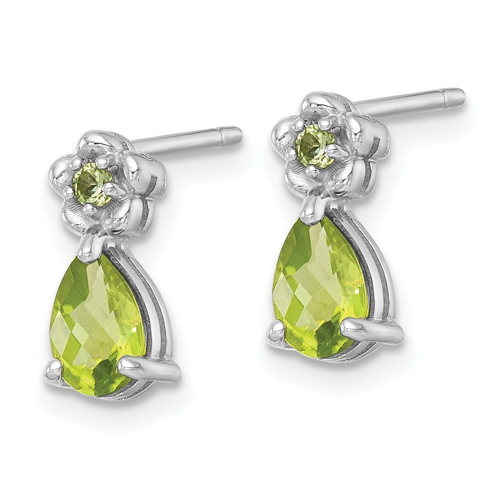 Sterling Silver Rhodium-plated Polished Peridot Teardrop and Flower Earrings