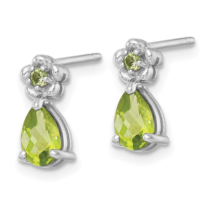 Sterling Silver Rhodium-plated Polished Peridot Teardrop and Flower Earrings