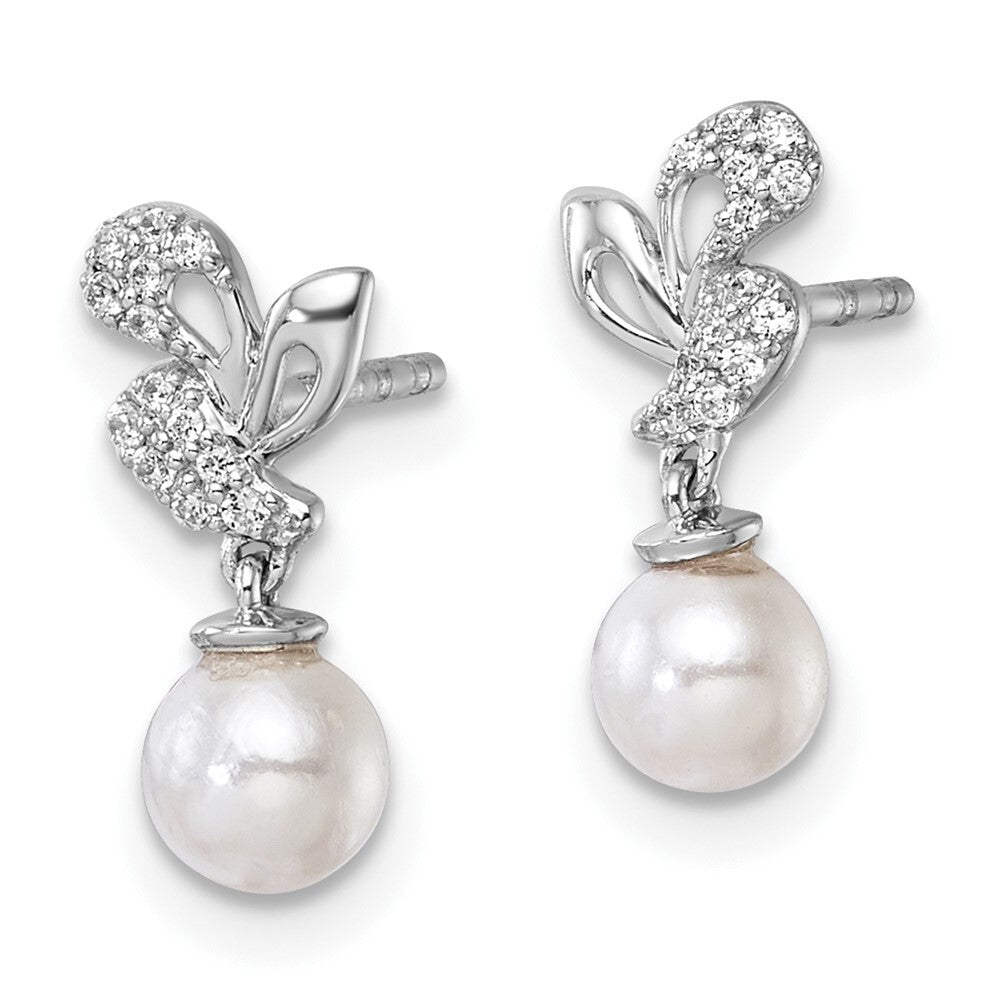 14K White Gold Polished Diamond and Pearl Dangle Earrings