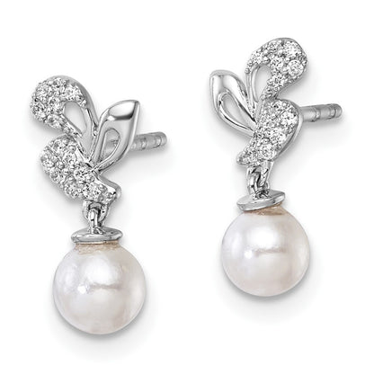 14K White Gold Polished Diamond and Pearl Dangle Earrings