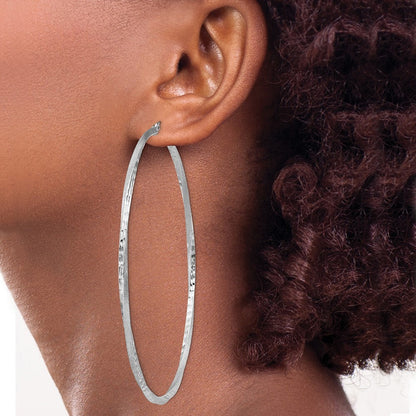 Sterling Silver RH-plated Satin Diamond-cut 2.5x80mm Twisted Hoop Earrings