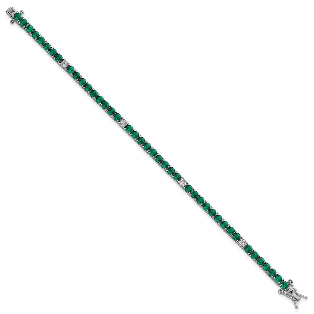 Sterling Silver Rhodium-plated Polished Round Green and White CZ 7 Inch Bracelet