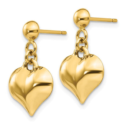 14k Yellow Gold Polished Puffed Heart Dangle Earrings Gift for Women