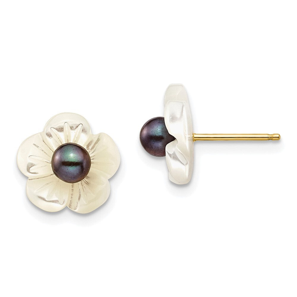 14k Gold 4mm Black Cultured Pearl & 10mm Mother of Pearl Flower Stud Earrings
