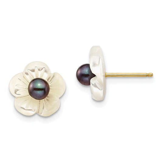 14k Gold 4mm Black Cultured Pearl & 10mm Mother of Pearl Flower Stud Earrings