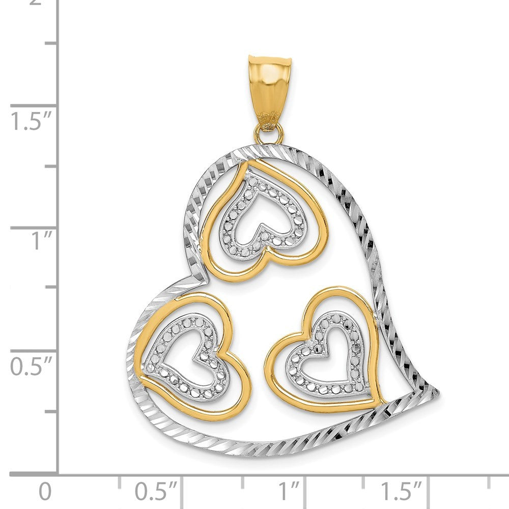 14k Yellow Gold w Rhodium Polished Hearts Inside Heart Pendant