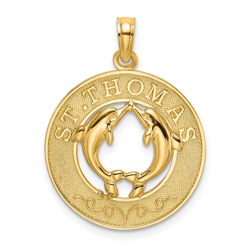 14k Yellow Gold ST. THOMAS  Dolphins Round Charm Pendant for Women