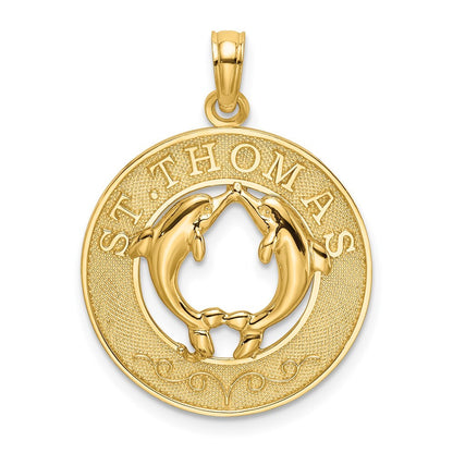 14k Yellow Gold ST. THOMAS  Dolphins Round Charm Pendant for Women