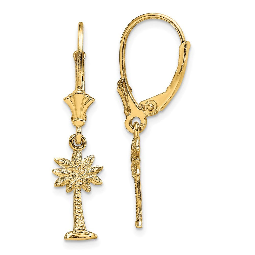 14k Yellow Gold Mini Palmetto Palm Tree Drop Dangle Earrings