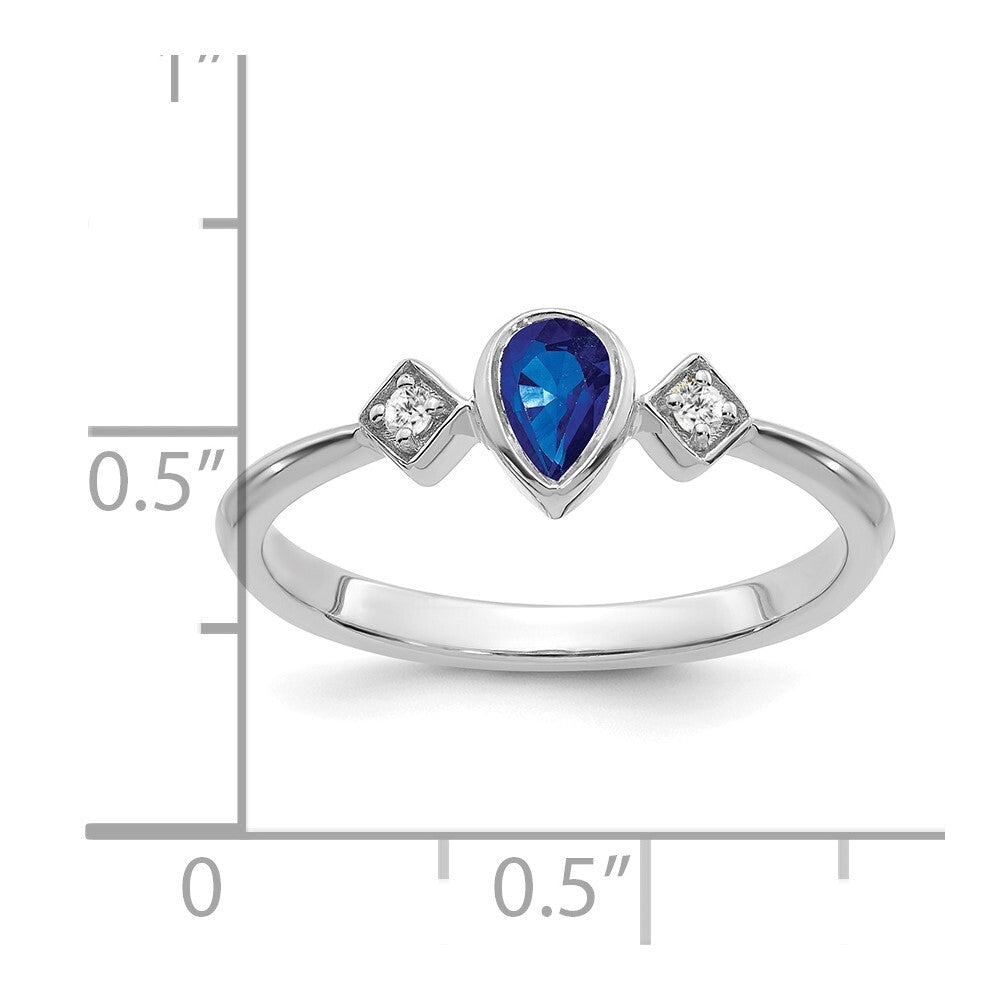 14k White Gold Pear Bezel Sapphire and Diamond Ring Size 7