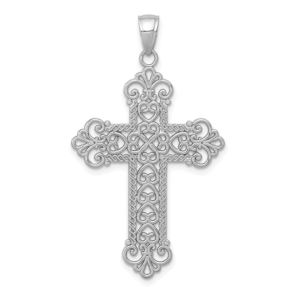 14k White Gold Polished Large Rope Frame Filigree Cross Pendant for Women