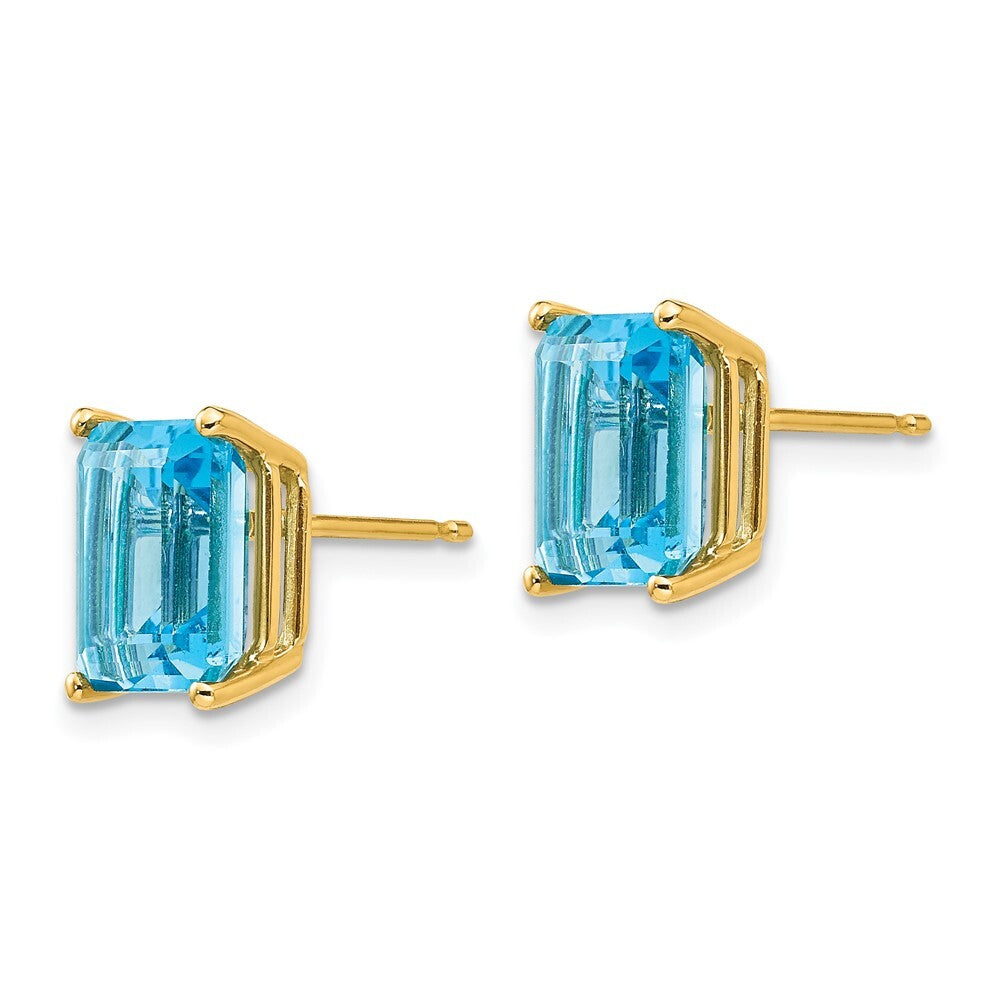 14k Yellow Gold 9x7mm Emerald Cut Blue Topaz Stud Earrings Gift for Women