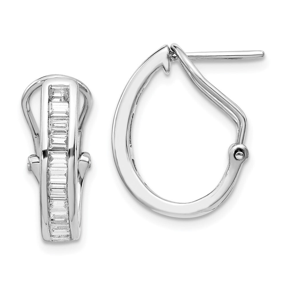 14k White Gold Baguette Diamond Omega Back Hoop Earrings