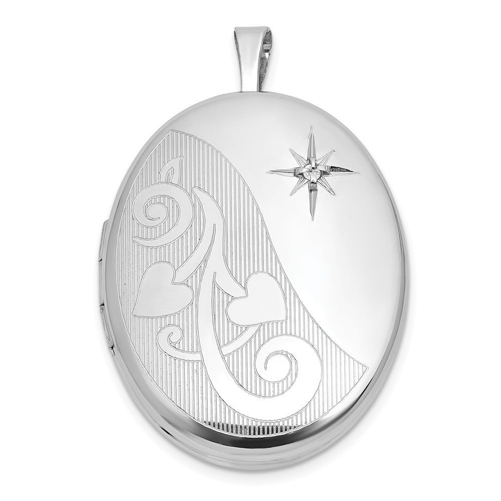 Sterling Silver Front Brushed Back Diamond Hearts Swirl Design 26mm Oval Locket