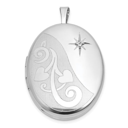 Sterling Silver Front Brushed Back Diamond Hearts Swirl Design 26mm Oval Locket