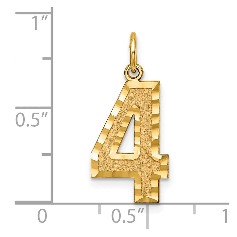 14k Yellow Gold Large Brushed Diamond-cut Number 4 Charm Pendant for Women