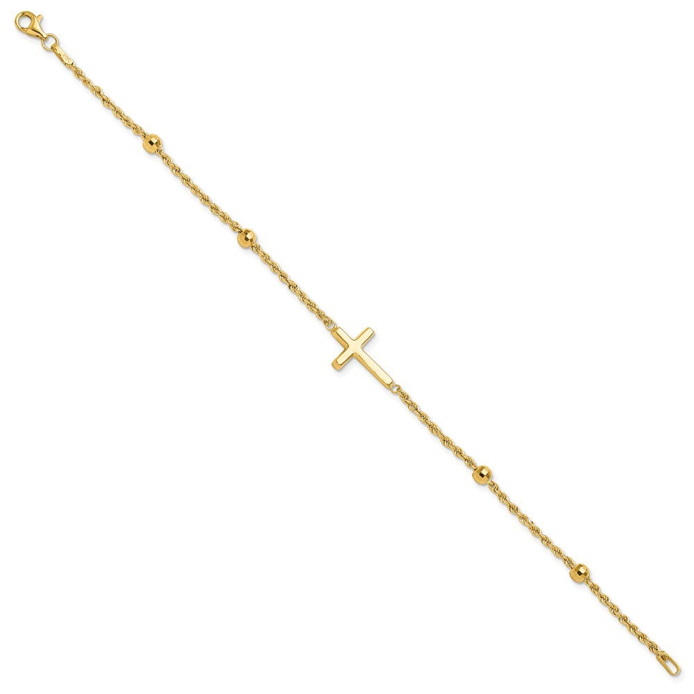 14k Yellow Gold Mirror Beads and Cross 7.5 inch Bracelet