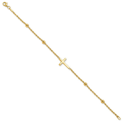 14k Yellow Gold Mirror Beads and Cross 7.5 inch Bracelet