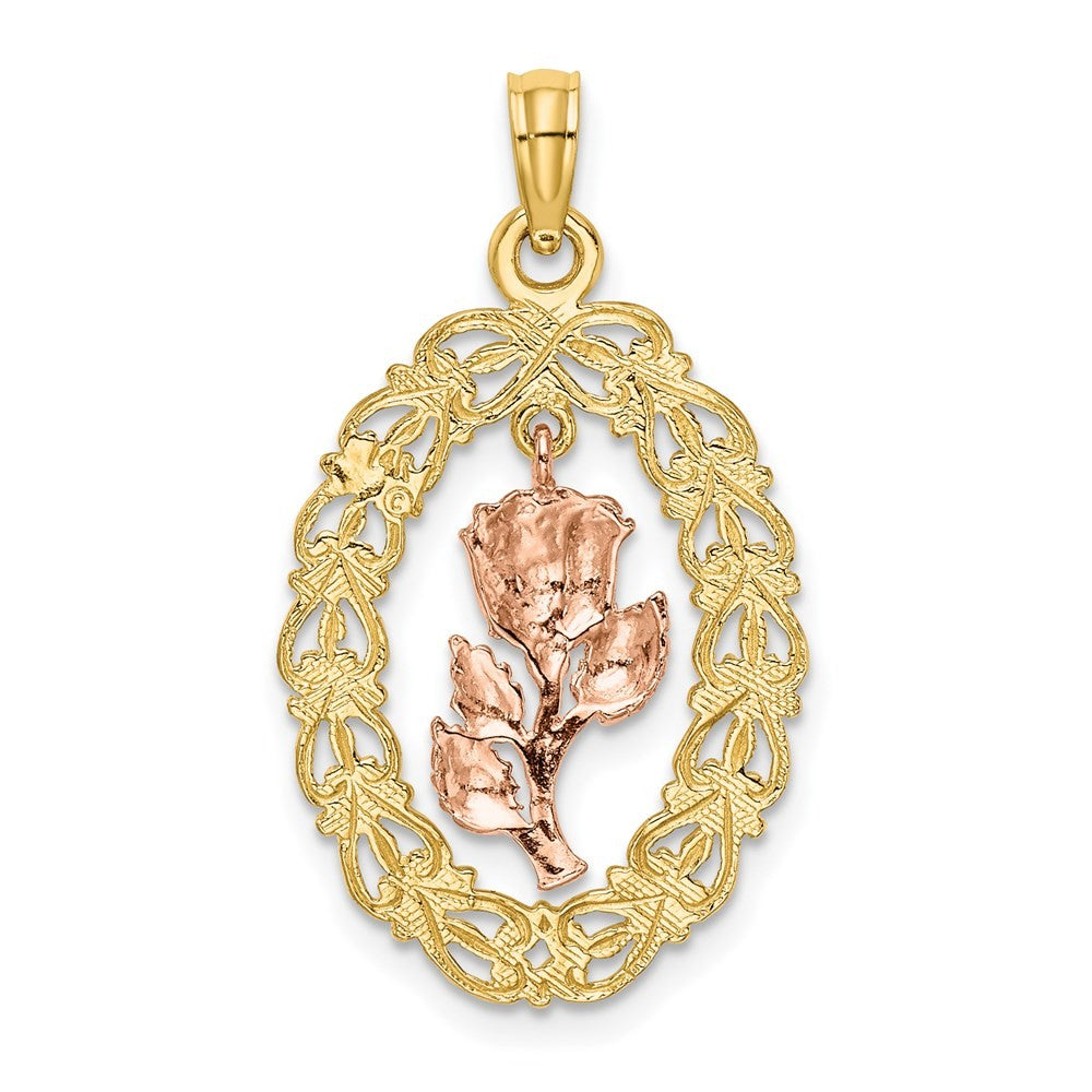 14k Two-Tone Gold Textured Oval Frame Dangling Rose Charm