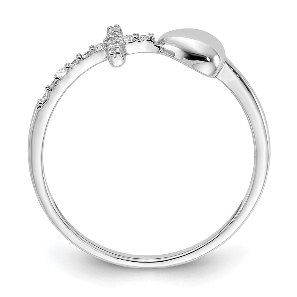 Sterling Silver Rhodium-plated Heart and CZ Cross Ring Size 7