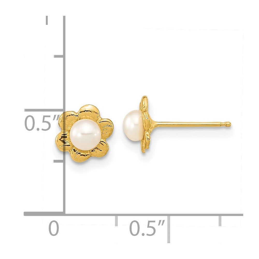 14k Yellow Gold 3-4mm Button Freshwater Cultured Pearl Flower Stud Earrings