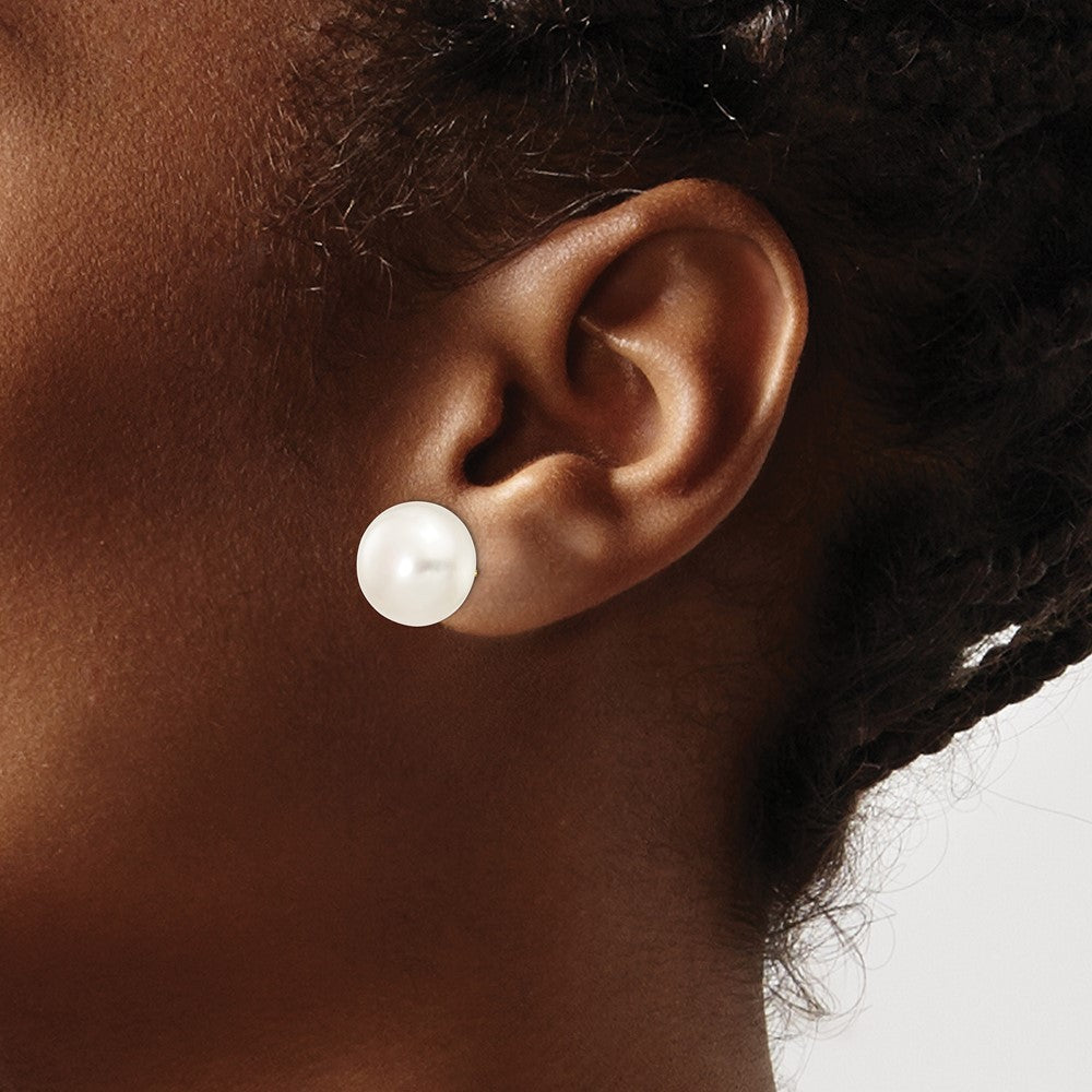 14k Yellow Gold 12-13mm White Button Freshwater Cultured Pearl Stud Earrings