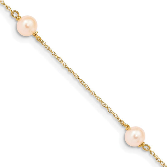 14k Yellow Gold 5-6mm Pink Freshwater Cultured Pearl 3-Station 6" Bracelet