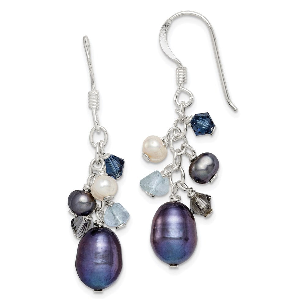 Sterling Silver Polished Blue & Black Crystal Cultured Pearl Dangle Earrings