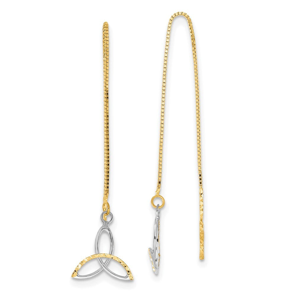 14k Yellow Gold Rhodium Diamond-cut Box Chain Celtic Knot Threader Earrings