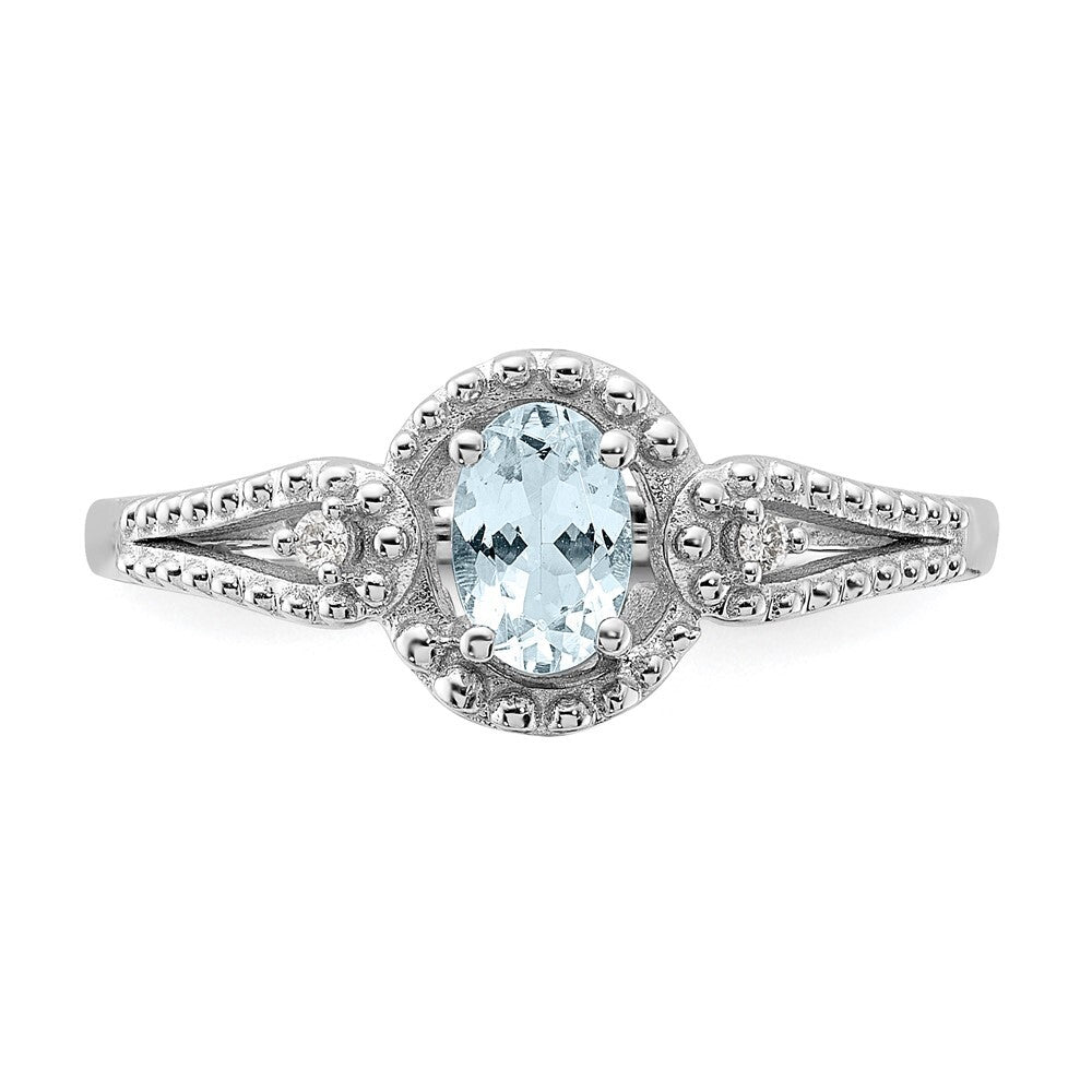 Sterling Silver Rhodium-plated Aquamarine & Diamond Ring
