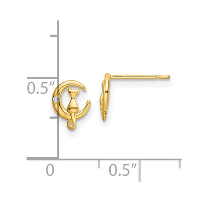 14k Yellow Gold Cubic Zirconia Cat on the Moon Stud Earrings Gift for Women