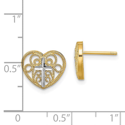 14k Yellow Gold Rhodium Filigree Cross Center Heart Stud Earrings