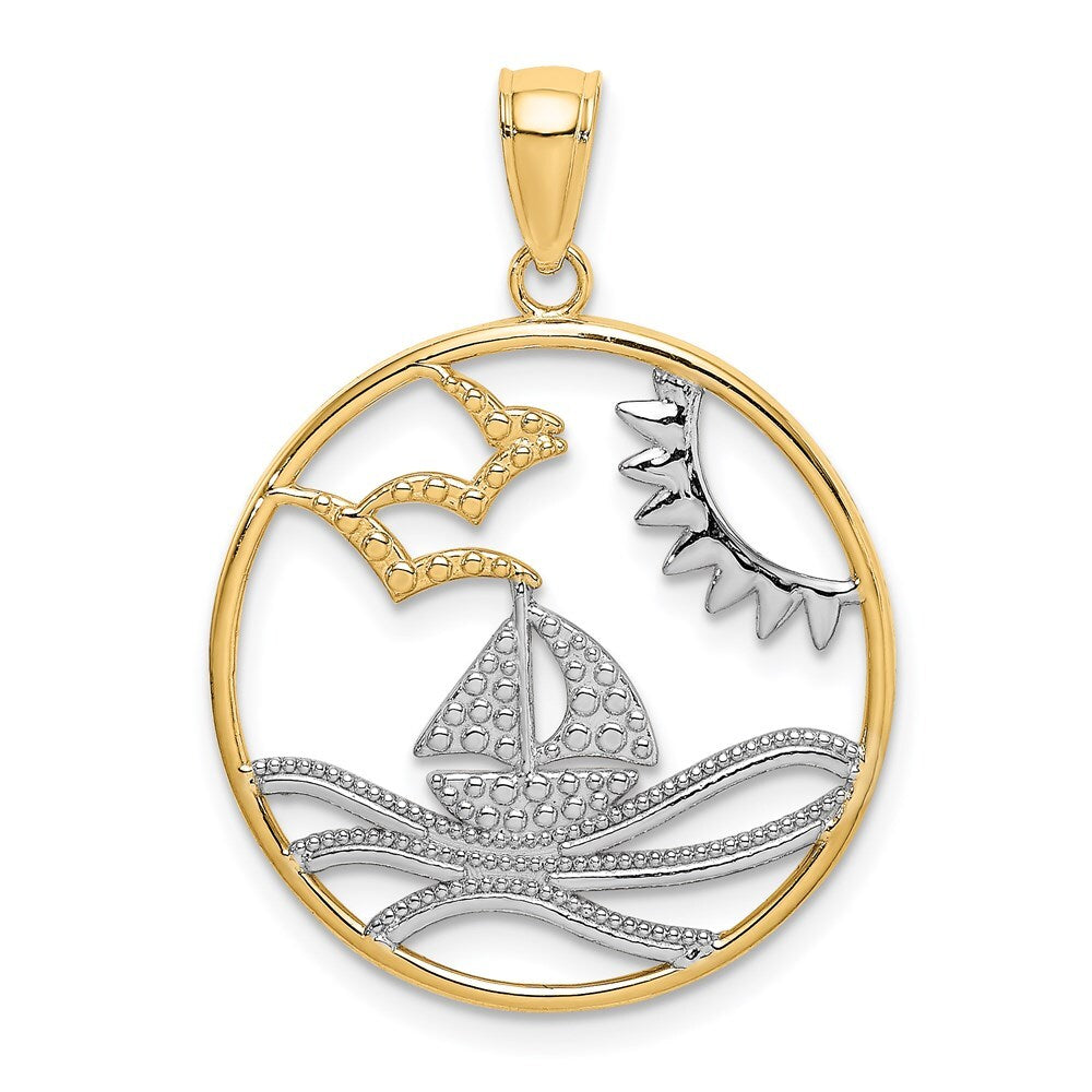 14k Yellow Gold Rhodium Sun Sailboat Water Seagulls Circle Charm Pendant