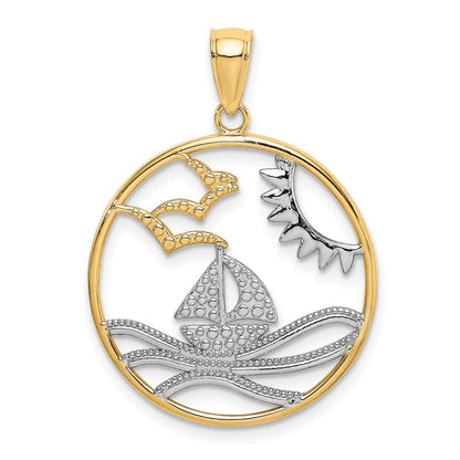 14k Yellow Gold Rhodium Sun Sailboat Water Seagulls Circle Charm Pendant