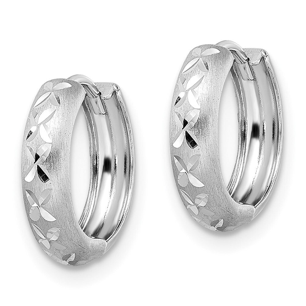 14k White Gold Diamond-cut X Satin 3x13mm Hinged Hoop Earrings Gift for Women