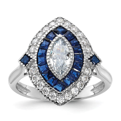 Sterling Silver Rhodium-plated Cubic Zirconia and Blue Spinel Ring SZ 6